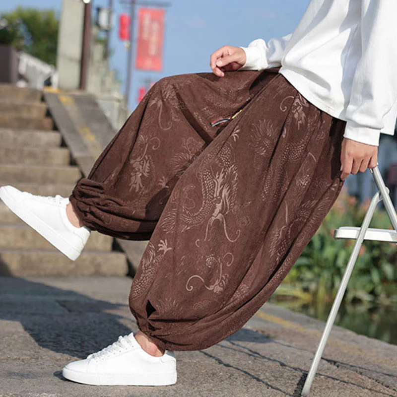 Pantaloni casual da uomo in cotone tinta unita con tasche e motivo a drago Buddha Stones - Image 9
