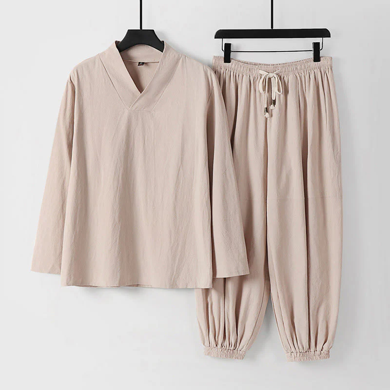 Pantaloni corti con colletto incrociato Buddha Stones , abito in cotone, top e pantaloni Hanfu, set da uomo