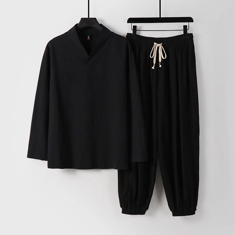 Pantaloni corti con colletto incrociato Buddha Stones , abito in cotone, top e pantaloni Hanfu, set da uomo - Image 10