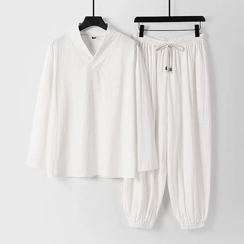 Pantaloni corti con colletto incrociato Buddha Stones , abito in cotone, top e pantaloni Hanfu, set da uomo - Image 17