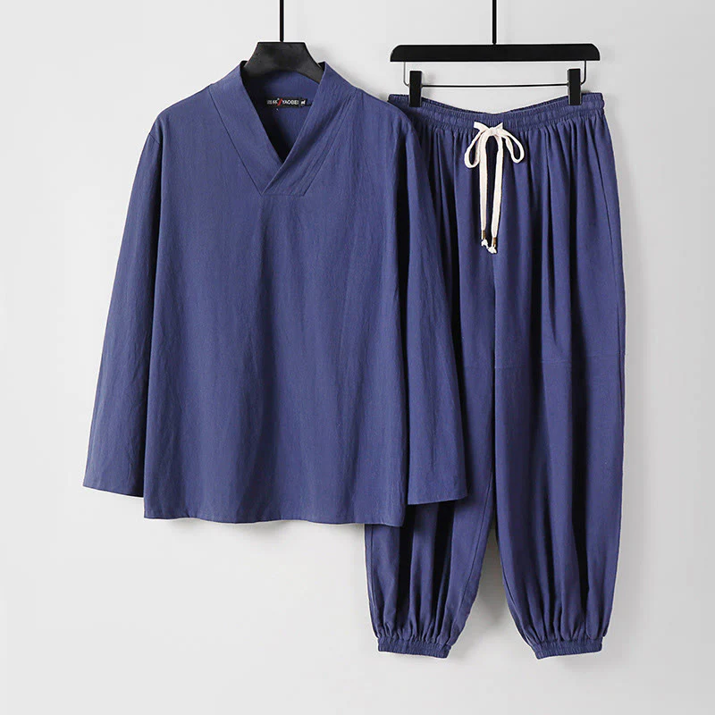 Pantaloni corti con colletto incrociato Buddha Stones , abito in cotone, top e pantaloni Hanfu, set da uomo - Image 20