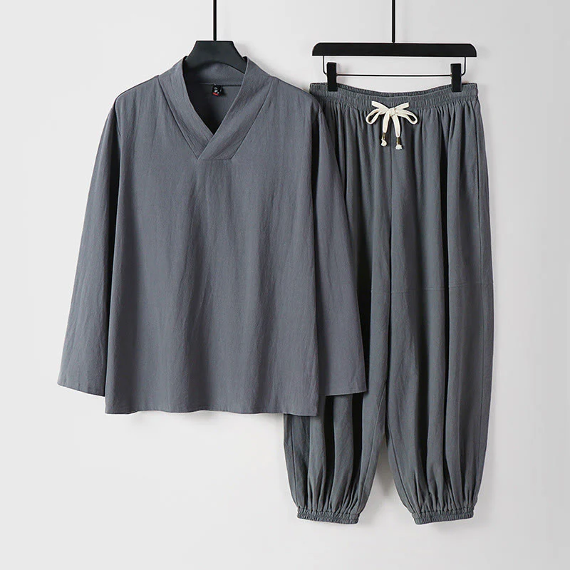 Pantaloni corti con colletto incrociato Buddha Stones , abito in cotone, top e pantaloni Hanfu, set da uomo - Image 23