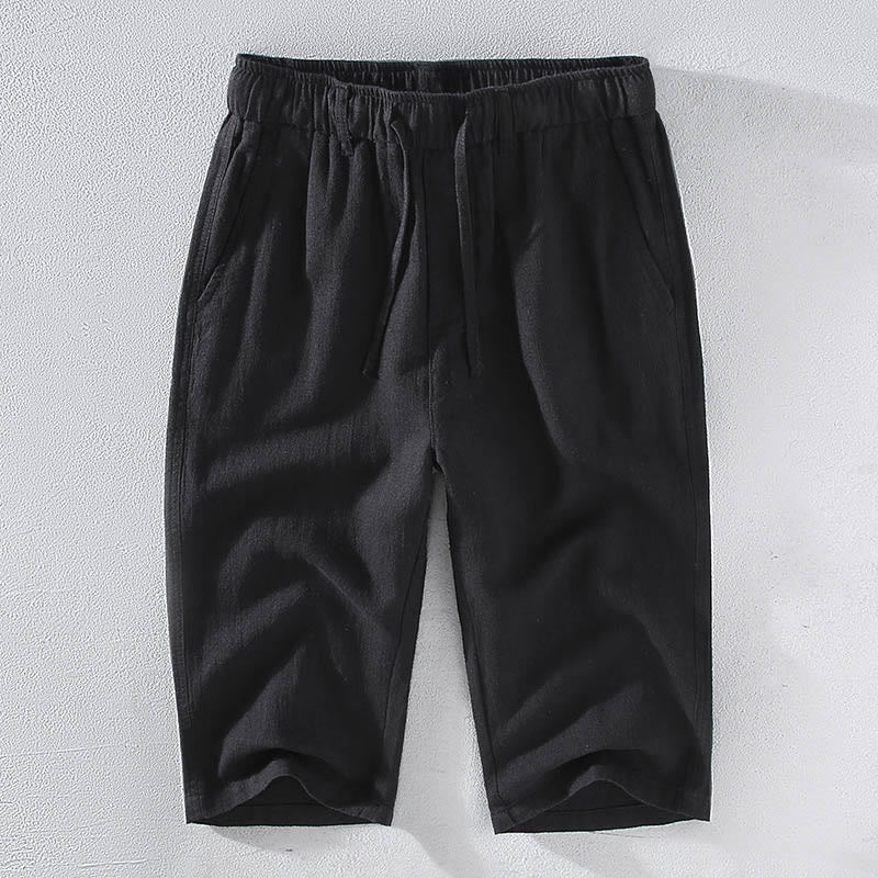 Pantaloni corti con coulisse in lino ramiè tinta unita da uomo Buddha Stones con tasche - Image 11