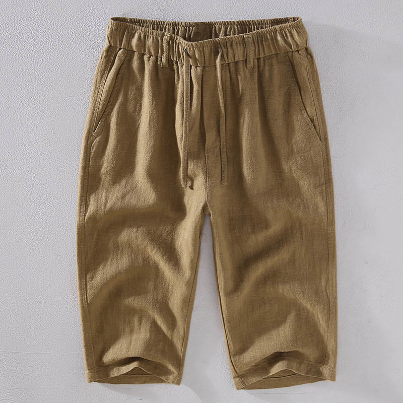 Pantaloni corti con coulisse in lino ramiè tinta unita da uomo Buddha Stones con tasche - Image 13
