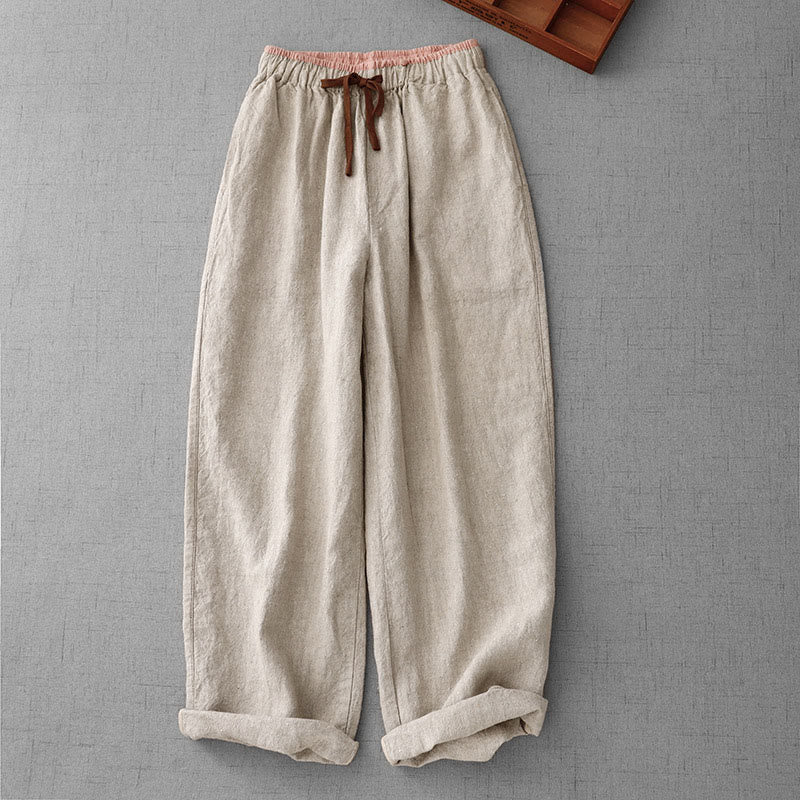 Pantaloni da Buddha Stones in cotone e lino con tasche, casual, da giorno, con coulisse, dal design semplice