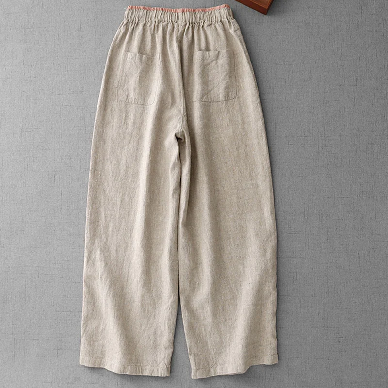 Pantaloni da Buddha Stones in cotone e lino con tasche, casual, da giorno, con coulisse, dal design semplice - Image 2