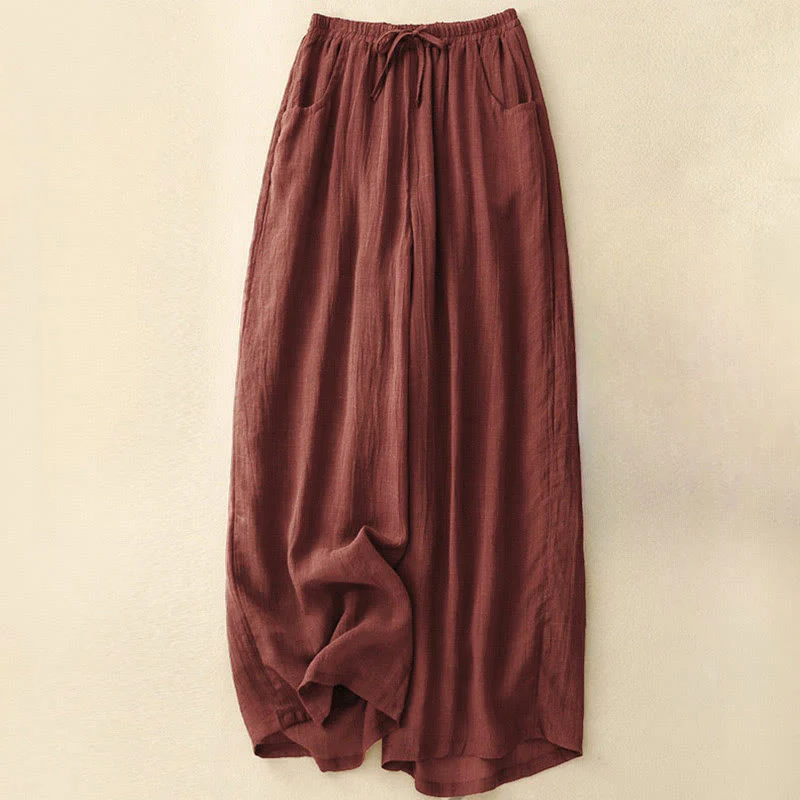 Pantaloni larghi da donna con tasche e coulisse a doppio strato, in puro colore Buddha Stones Spring