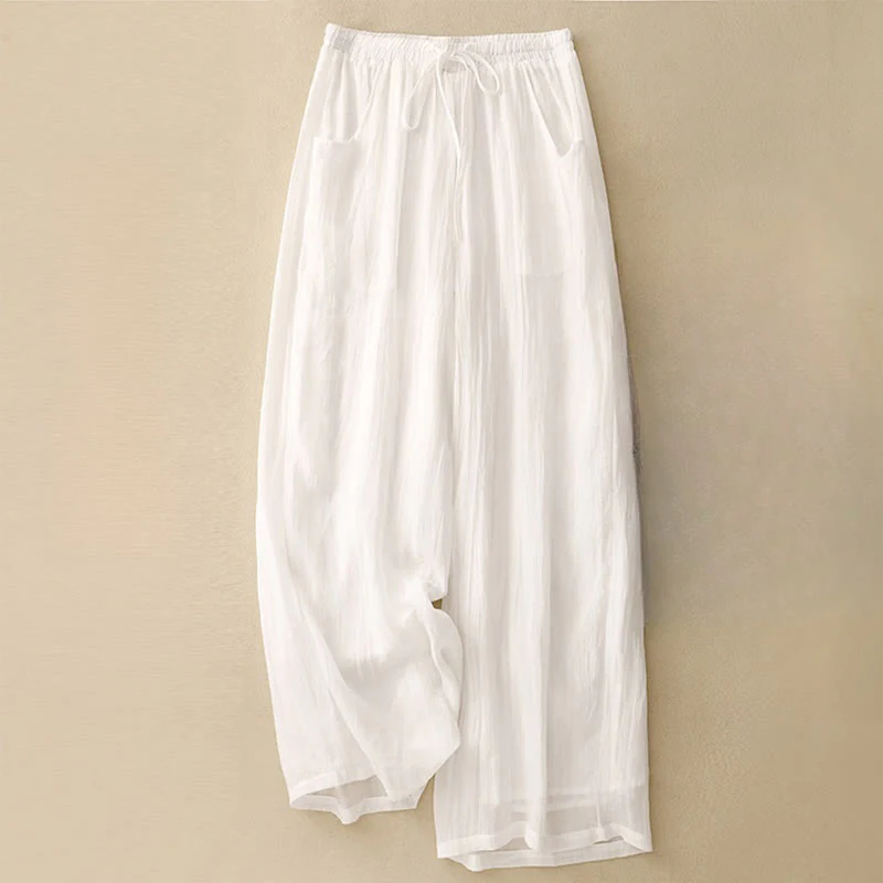 Pantaloni larghi da donna con tasche e coulisse a doppio strato, in puro colore Buddha Stones Spring - Image 8