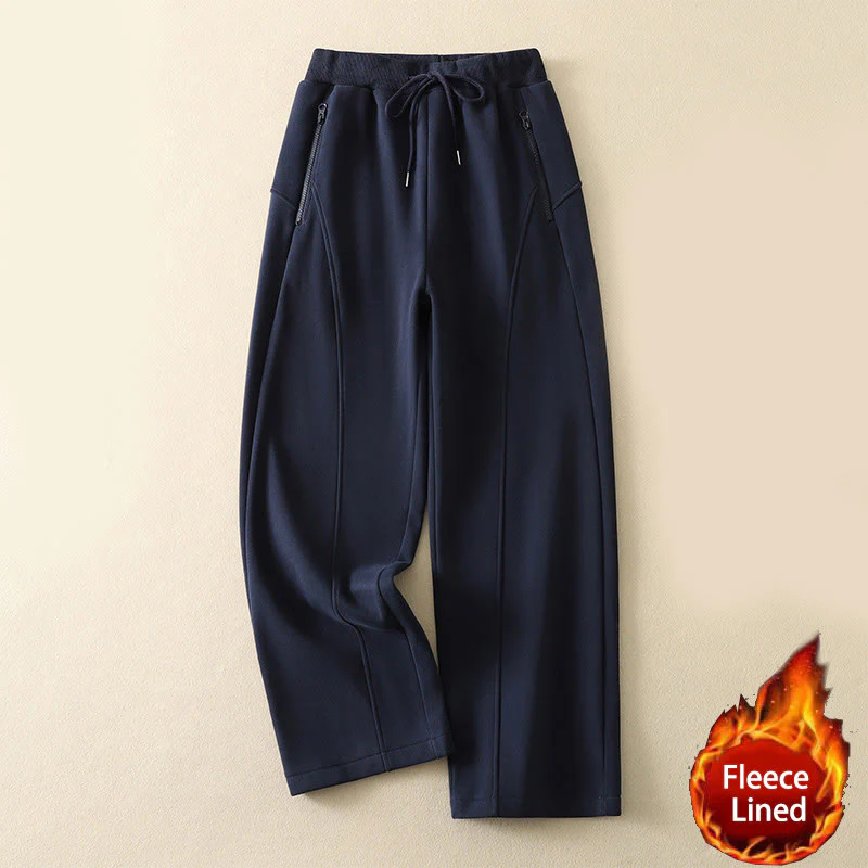 Pantaloni da donna a gamba larga con tasche e cerniera blu notte Buddha Stones, foderati in pile termico