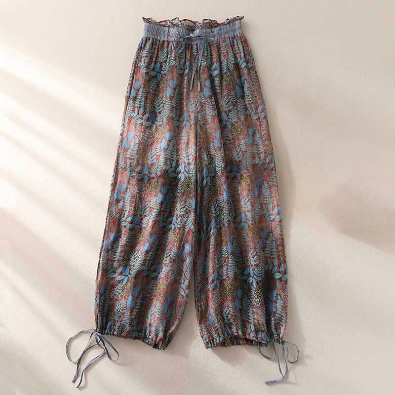 Pantaloni da donna estivi Buddha Stones Blue Leaves Plants con tasche