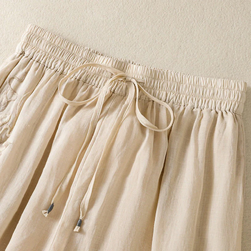 Pantaloni da donna in cotone a gamba larga con coulisse e ricamo Buddha Stones Commute, con tasche - Image 10