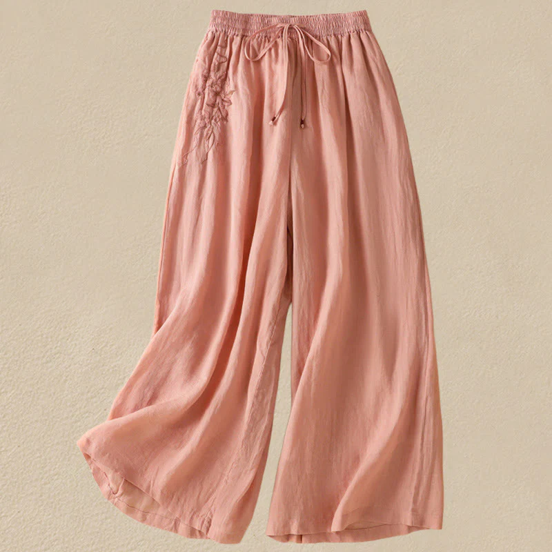 Pantaloni da donna in cotone a gamba larga con coulisse e ricamo Buddha Stones Commute, con tasche - Image 18