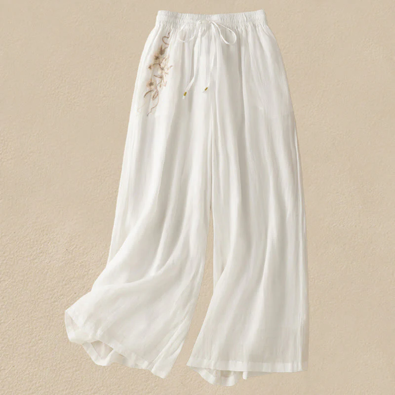 Pantaloni da donna in cotone a gamba larga con coulisse e ricamo Buddha Stones Commute, con tasche - Image 26