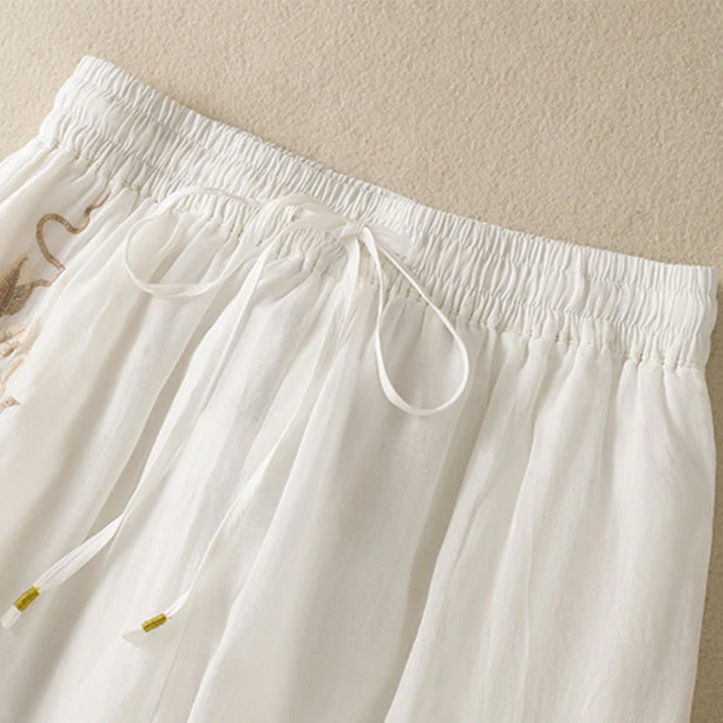 Pantaloni da donna in cotone a gamba larga con coulisse e ricamo Buddha Stones Commute, con tasche - Image 28