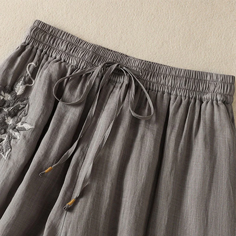 Pantaloni da donna in cotone a gamba larga con coulisse e ricamo Buddha Stones Commute, con tasche - Image 46
