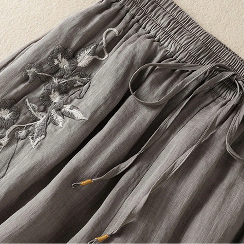 Pantaloni da donna in cotone a gamba larga con coulisse e ricamo Buddha Stones Commute, con tasche - Image 47