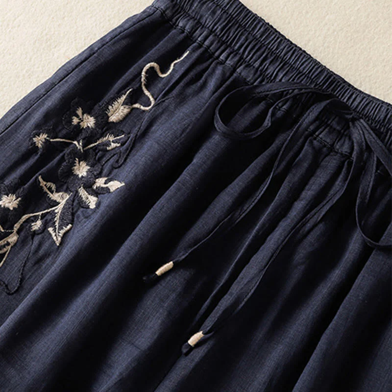 Pantaloni da donna in cotone a gamba larga con coulisse e ricamo Buddha Stones Commute, con tasche - Image 5