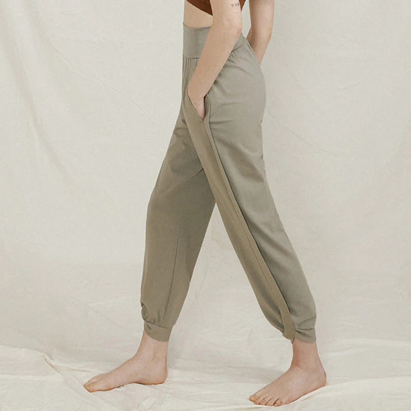 Pantaloni da donna in cotone a vita alta, casual, tinta unita, con pieghe laterali, ad asciugatura rapida, con tasche, Buddha Stones - Image 12