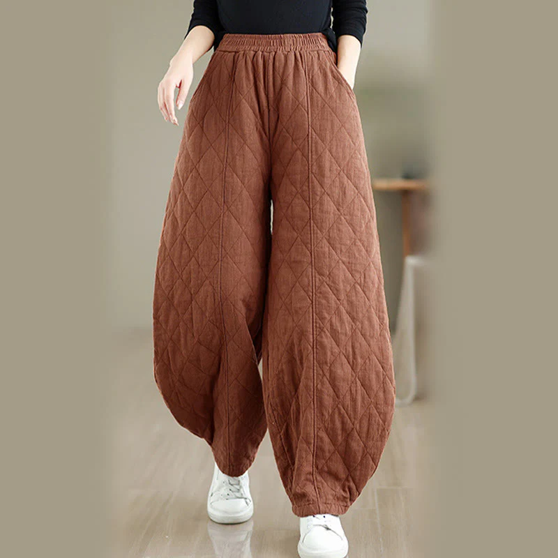 Pantaloni da donna in cotone con motivo a rombi invernali Buddha Stones e tasche