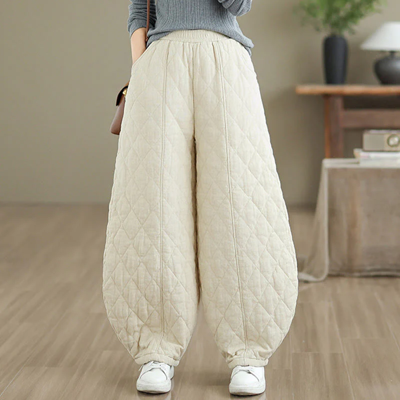 Pantaloni da donna in cotone con motivo a rombi invernali Buddha Stones e tasche - Image 9