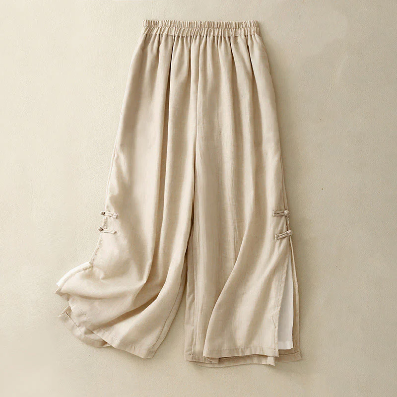 Pantaloni da donna in cotone e lino a gamba larga con tasche, orlo con bottoni a rana e design a fessura , Buddha Stones