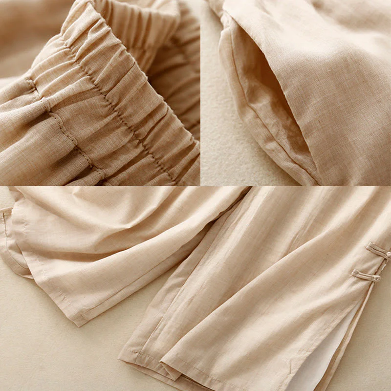 Pantaloni da donna in cotone e lino a gamba larga con tasche, orlo con bottoni a rana e design a fessura , Buddha Stones - Image 8
