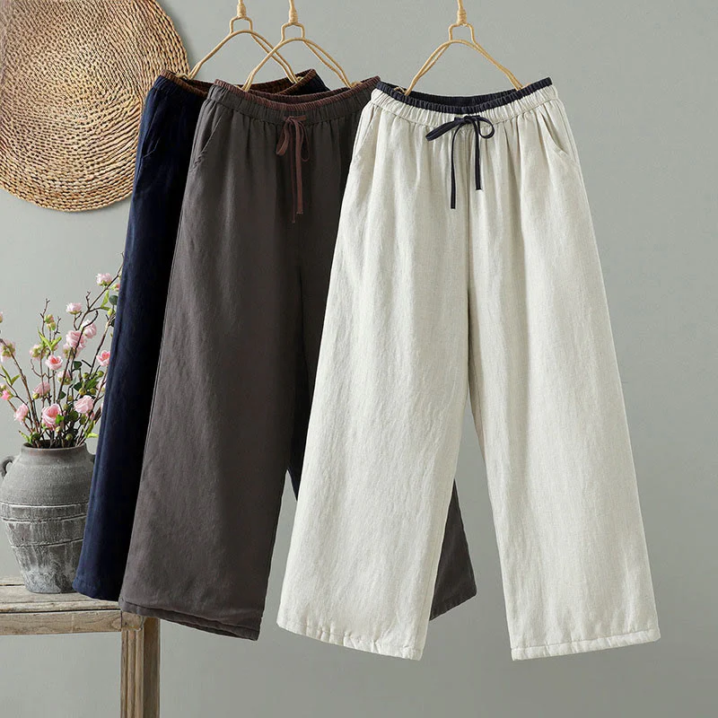 Pantaloni da donna in cotone e lino con coulisse a contrasto, modello Buddha Stones, con tasche e gamba larga