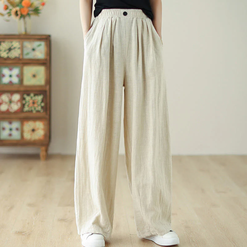 Pantaloni da donna in cotone e lino con elastico in vita e tasche, modello Buddha Stones Commute Button Design - Image 12