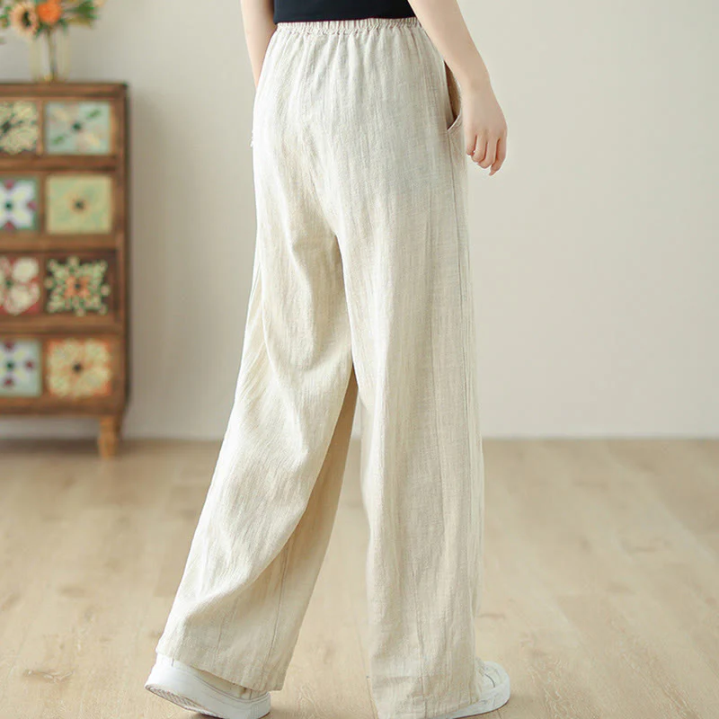 Pantaloni da donna in cotone e lino con elastico in vita e tasche, modello Buddha Stones Commute Button Design - Image 13