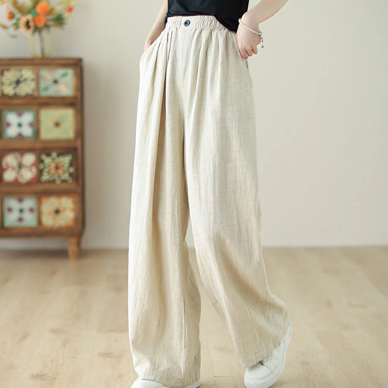 Pantaloni da donna in cotone e lino con elastico in vita e tasche, modello Buddha Stones Commute Button Design - Image 14