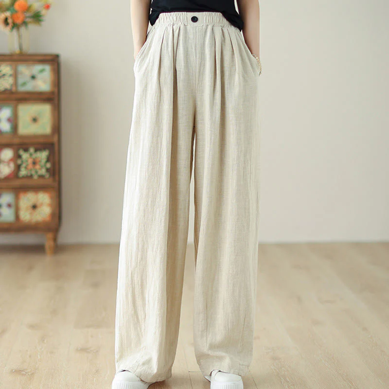 Pantaloni da donna in cotone e lino con elastico in vita e tasche, modello Buddha Stones Commute Button Design - Image 15