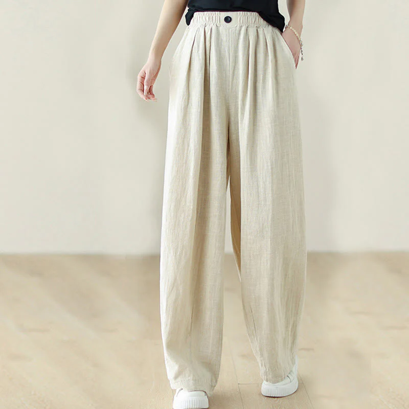 Pantaloni da donna in cotone e lino con elastico in vita e tasche, modello Buddha Stones Commute Button Design - Image 16