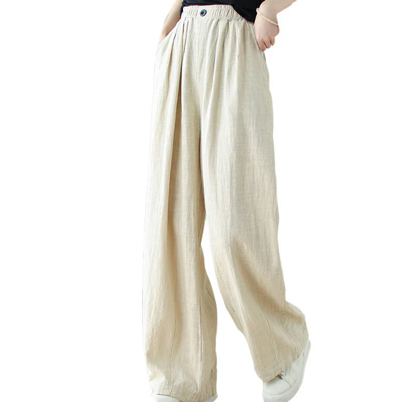 Pantaloni da donna in cotone e lino con elastico in vita e tasche, modello Buddha Stones Commute Button Design - Image 17