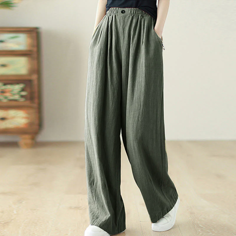 Pantaloni da donna in cotone e lino con elastico in vita e tasche, modello Buddha Stones Commute Button Design - Image 18