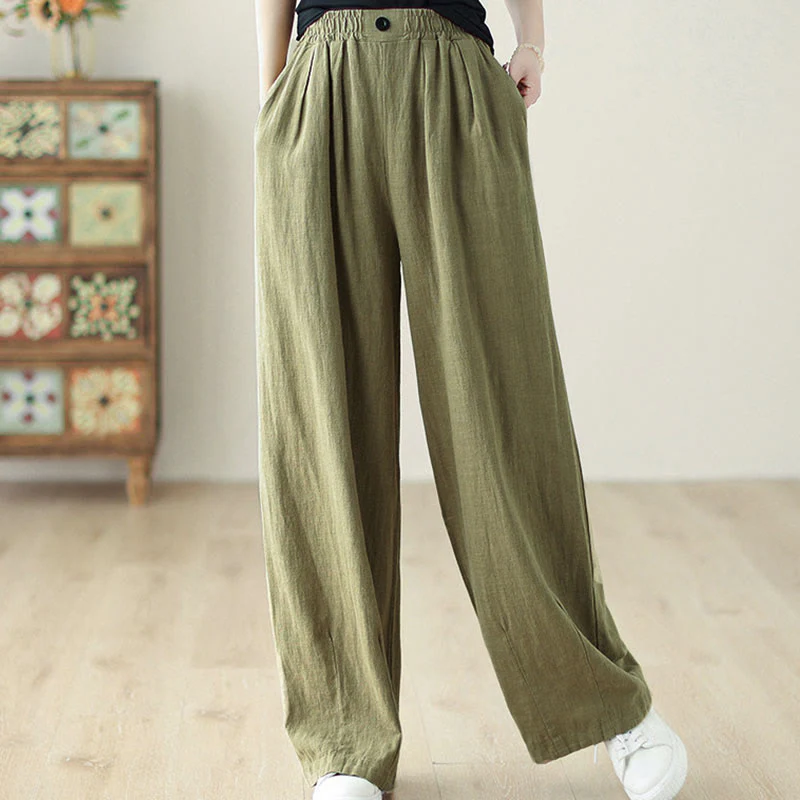 Pantaloni da donna in cotone e lino con elastico in vita e tasche, modello Buddha Stones Commute Button Design - Image 6