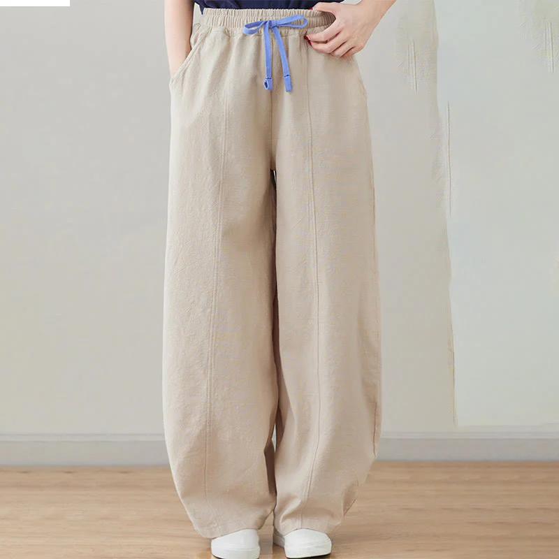 Pantaloni da donna in cotone e lino con tasche, casual, tinta Buddha Stones - Image 15
