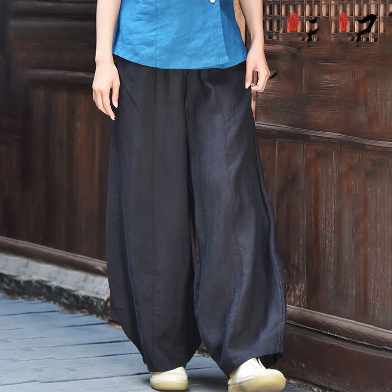 Pantaloni da donna in cotone e lino con tasche, casual, tinta Buddha Stones - Image 23