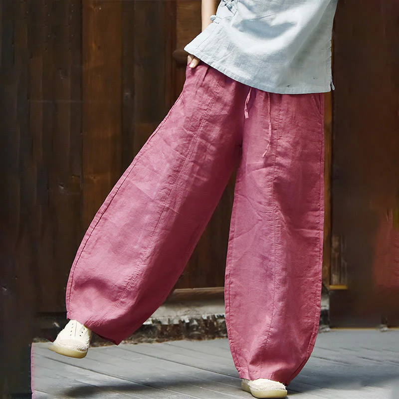 Pantaloni da donna in cotone e lino con tasche, casual, tinta Buddha Stones - Image 24