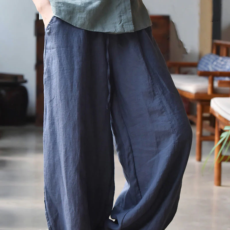 Pantaloni da donna in cotone e lino con tasche, casual, tinta Buddha Stones - Image 26