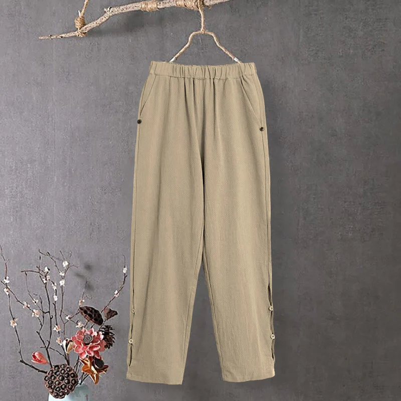 Pantaloni da donna in cotone e lino con tasche, modello Buddha Stones, casual, colore puro, con polsini e bottoni cavi