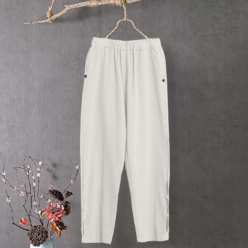 Pantaloni da donna in cotone e lino con tasche, modello Buddha Stones, casual, colore puro, con polsini e bottoni cavi - Image 10