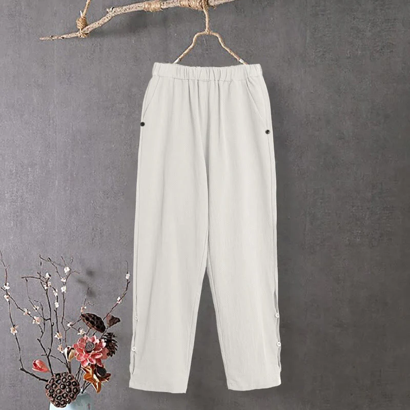 Pantaloni da donna in cotone e lino con tasche, modello Buddha Stones, casual, colore puro, con polsini e bottoni cavi - Image 11