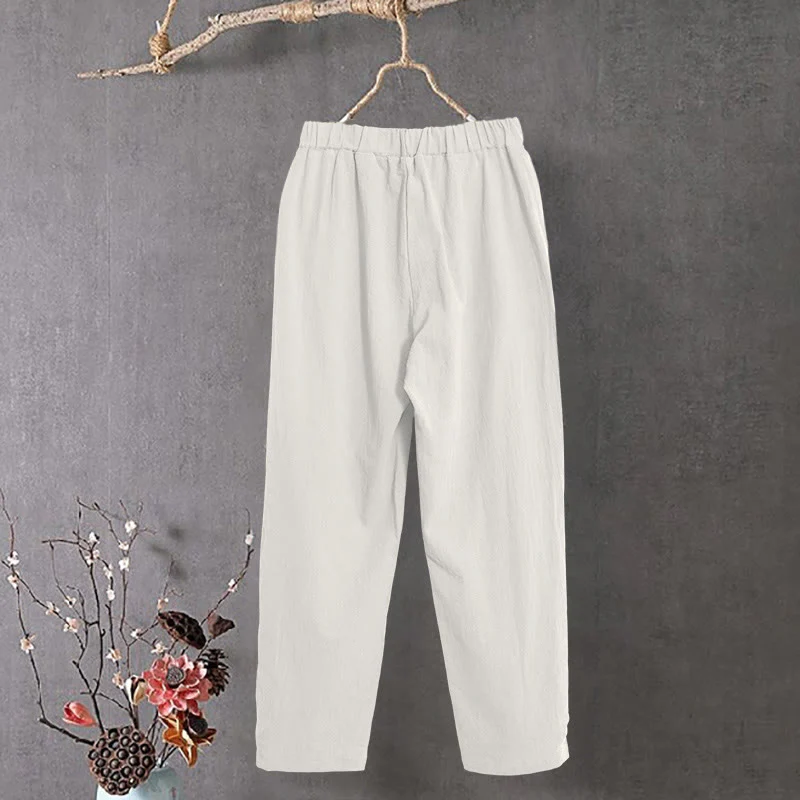 Pantaloni da donna in cotone e lino con tasche, modello Buddha Stones, casual, colore puro, con polsini e bottoni cavi - Image 12