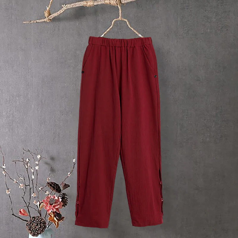 Pantaloni da donna in cotone e lino con tasche, modello Buddha Stones, casual, colore puro, con polsini e bottoni cavi - Image 13