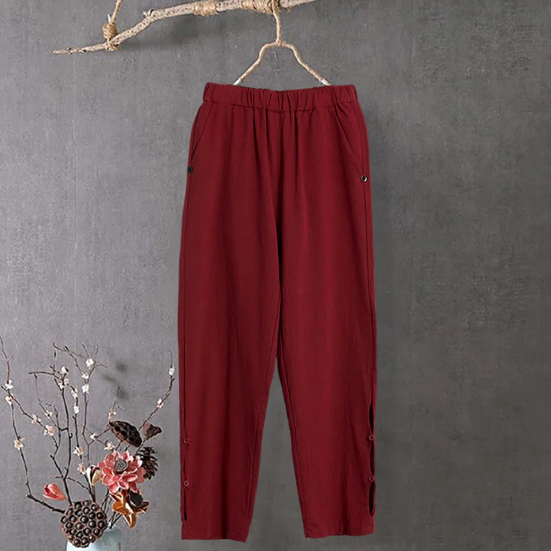 Pantaloni da donna in cotone e lino con tasche, modello Buddha Stones, casual, colore puro, con polsini e bottoni cavi - Image 14