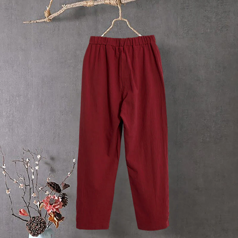 Pantaloni da donna in cotone e lino con tasche, modello Buddha Stones, casual, colore puro, con polsini e bottoni cavi - Image 15