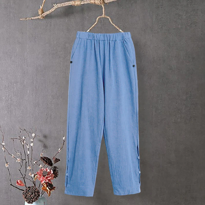 Pantaloni da donna in cotone e lino con tasche, modello Buddha Stones, casual, colore puro, con polsini e bottoni cavi - Image 16