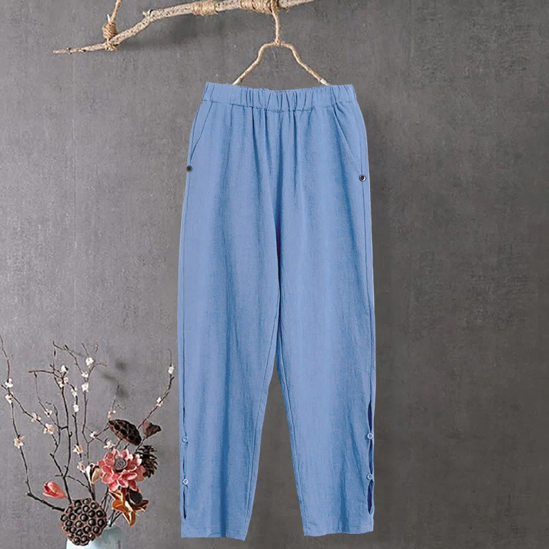 Pantaloni da donna in cotone e lino con tasche, modello Buddha Stones, casual, colore puro, con polsini e bottoni cavi - Image 17