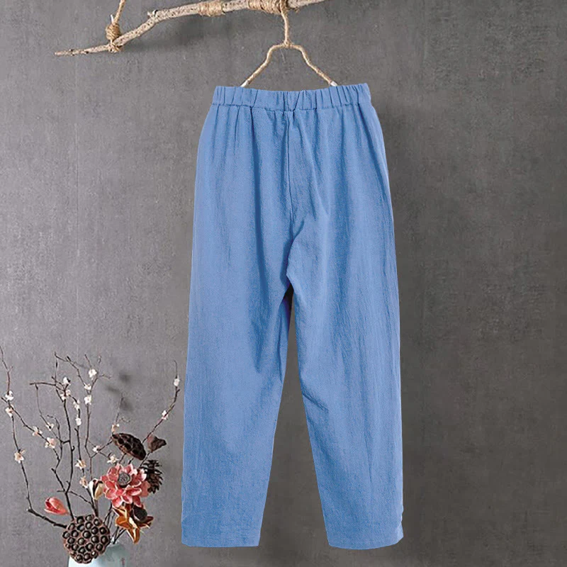Pantaloni da donna in cotone e lino con tasche, modello Buddha Stones, casual, colore puro, con polsini e bottoni cavi - Image 18