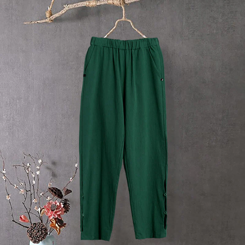 Pantaloni da donna in cotone e lino con tasche, modello Buddha Stones, casual, colore puro, con polsini e bottoni cavi - Image 19